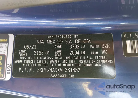 2021 Kia Forte Lxs из США, поврежденный, VIN 3KPF24ADXME381852